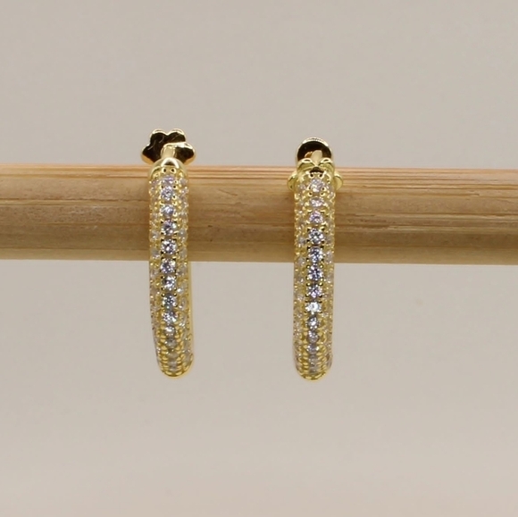 Gold Plated 925 Sterling Silver Sparkling CZ Huggies / Hoop Earrings - Picture 10 of 13